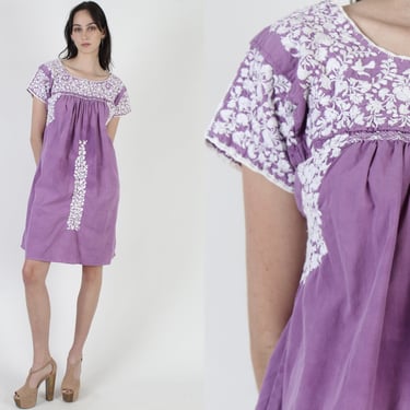 Lilac Oaxacan Shirt Fiesta Party Dress / Violet Tie Dye Mexican Hand Embroidery / San Antonio Tie Dye Fabric 