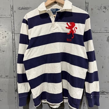 90s Vintage Polo Ralph Lauren rugby Shirt striped Pattern Color Basic Essential Preppy Casual Navy and white rugby big pony 