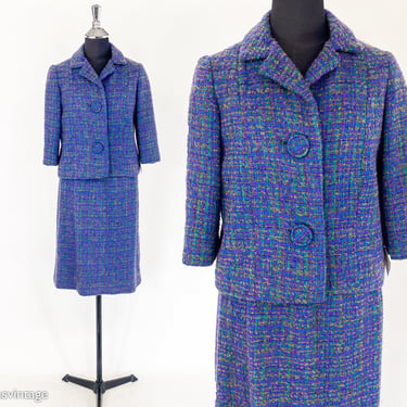 1960s Blue Plaid Wool Suit | 60s Purple Plaid Tweed Suit | Jackie O | Medium 