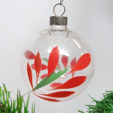 Vintage 1940's Unsilvered Hand Blown Glass Christmas Tree Ornament with Painted Poinsettia Petals and Leaves, Shiny Brite, Made in USA 