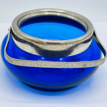 Vintage Cobalt Blue Glass Dish Bowl / Silver Chrome Plated Basket Holder With swinging Handle / 