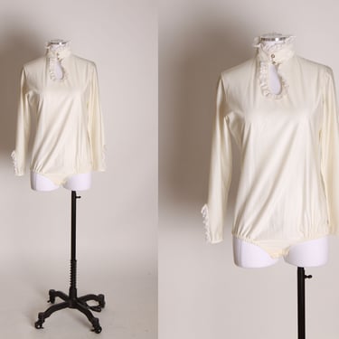 1970s Cream Off White Long Sleeve Keyhole Rhinestone Ruffle Collar Body Suit -S 