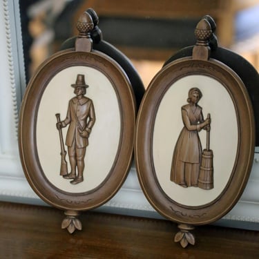 Vintage 1960s Puritan Man & Woman | Pilgrim Wall Plaques | Thanksgiving Folk Art 