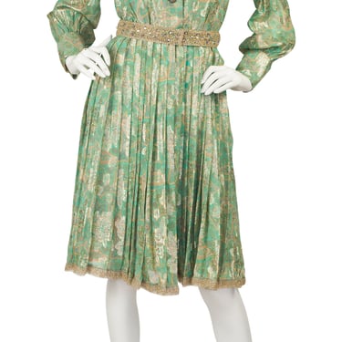 Cézanne 1960s Vintage Floral Green Lurex Pleated Cocktail Dress Sz XS 