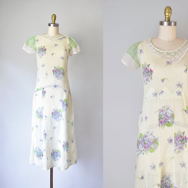 Evangeline cotton 1930s dress, flapper dress, 1920s floral dress, petite summer dress 