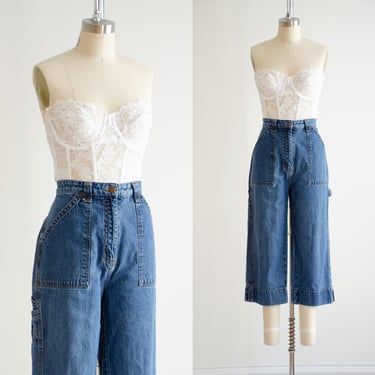 high waisted jeans 90s vintage Bill Blass denim wide leg cropped carpenter cargo jeans 