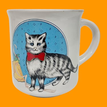 Vintage Christmas Cat Mug Retro 1980s Chadwick Miller Inc. + White Ceramic + X-Mas Tabby Cat + Red Bow + Art by Rubel + Kitchen + Drinking 