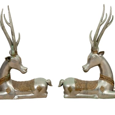 Pair of Silver Brass Stylized Deer