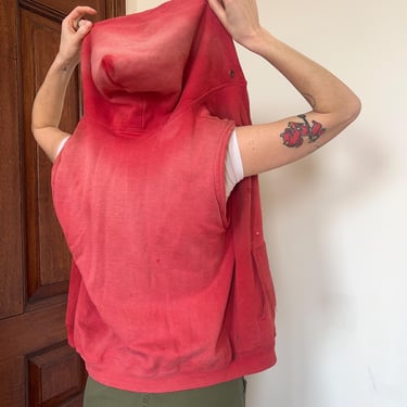 60’s vintage faded and distressed red sleeveless zip up thermal lined waffle knit hoodie 