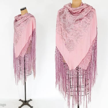 1920s Pink Silk Piano Scarf | 20s Pink Embroidery Piano Shawl 