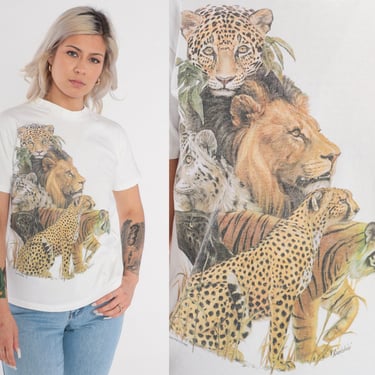 Big Cats Shirt 80s Lion Tiger Cheetah Snow Leopard Shirt Black Leopard Graphic Tee Wildlife Animals T-Shirt Vintage White 1980s Small S 