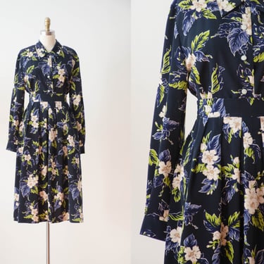 floral midi skirt set | 80s 90s vintage cottagecore navy blue dark moody floral pleated skirt and long sleeve blouse set 
