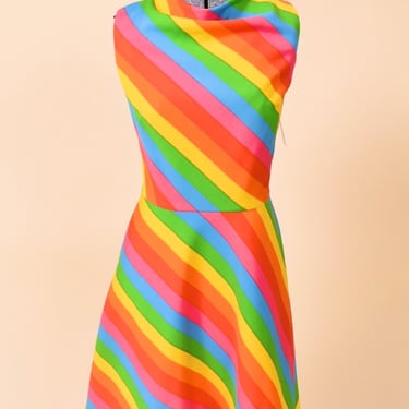 Rainbow 60s Stripe Poly Fit + Flare Dress By Gay Gibson, S