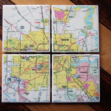 1987 Houston Texas Map Coaster Set of 4. Houston Map. Vintage Texas Coasters. Housewarming Gift. Texas Decor. City Map Gift. Houston Barware 