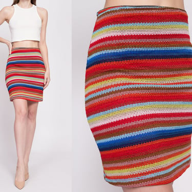 Medium Y2K Colorful Striped Knit Mini Skirt 26.5"-30" | Vintage High Waisted Stretchy Fitted Skirt 
