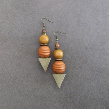 Long wooden earrings, Afrocentric African earrings, bold earrings, statement earrings, geometric earrings, rustic natural earrings, orange 
