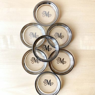 vintage monogram initial M silver rim glass coasters - set of 7 