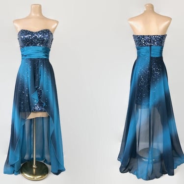 VINTAGE 90s Y2K Turquoise Blue Ombre Hi-Low Cocktail Prom Dress | 2000s Sequin Mesh Mini With Sheer Overlay Formal Party Gown | Speechless 5 