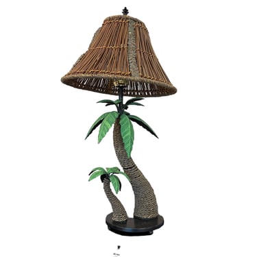 Vintage Tropical Palm Tree Rope Tole Metal Table Lamp W/ Natural Wicker Banana Leaf Shade 