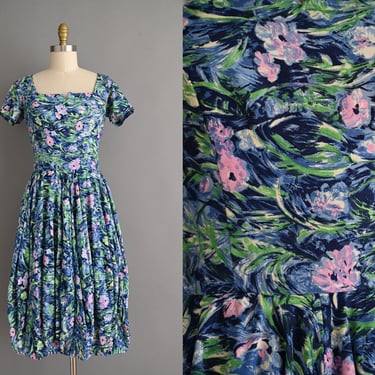 vintage 1950s Dress | Saks Fifth Ave Sofia Original Watercolor Floral Print Cotton Dress | Medium 