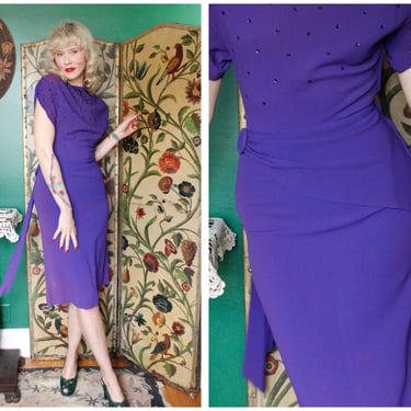 1940s Dress // Deep Purple Rayon Crepe Sequin Dress // vintage 40s dress 