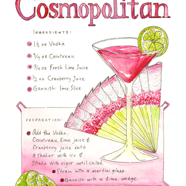 Cosmopolitan Cocktail Recipe Watercolor Art Print