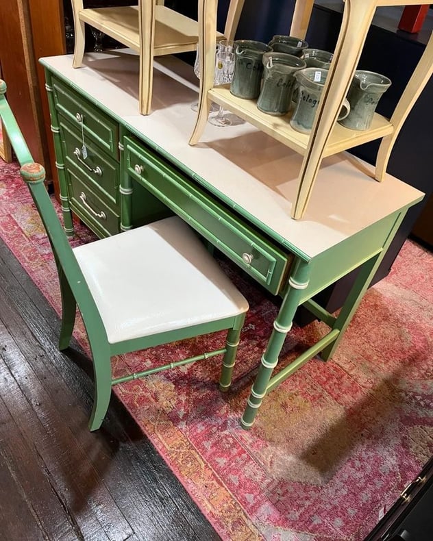 Green faux bamboo desk and chair set. 48” x 19” x 30” 