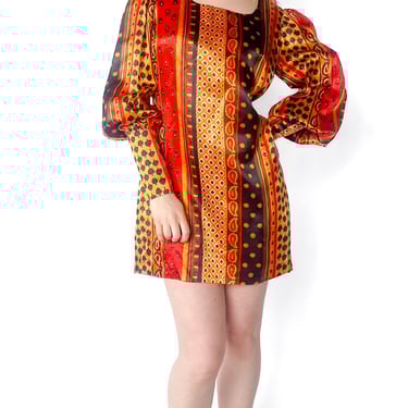 1970s Silky Printed Long Sleeve Mini Dress, sz. S