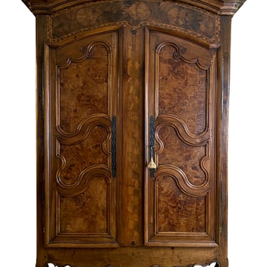 French Provincial Louis XV Walnut, Oak and Burlwood 2-Door Armoire