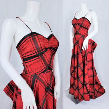 Fred Perlberg 1950's Red Black Plaid Taffeta Long Bustle Back Gown Dress I Sz Sm 