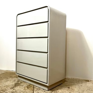 Vintage 1980s Post Modern Grey Laminate 5 Drawer Tall Dresser 