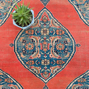 Antique 3’3.5” x 4’2” Small Rug Medallion Botanical Design Scarlet Red Blue Wool Hand-Knotted Rug 1900s - FREE DOMESTIC SHIPPING 