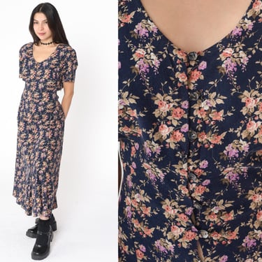 Floral Maxi Dress 90s Navy Blue Dress Ankle Length Short Sleeve Button up Summer Flower Print Casual Rayon Blend Day Vintage 1990s Large 12 