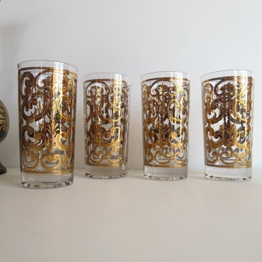 Vintage Culver Glasses - Gold Baroque Scroll - Tall Tumblers 