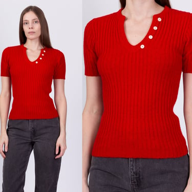 70s Red Ribbed Knit Fitted Top - Small | Vintage Cyn Les Scoop V Neck Short Sleeve Shirt 