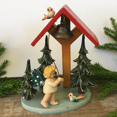 Steinbach Angel Ringing Bell, Vintage German Wooden Angel Scene With Evergreens And Birds, Western Zone Germany 