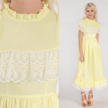 Yellow Victorian Dress 70s Party Dress Lace Trim Midi Dress High Waisted Ruffle Neck Puff Sleeve Retro Formal Prom Vintage 1970s 2xs xxs 