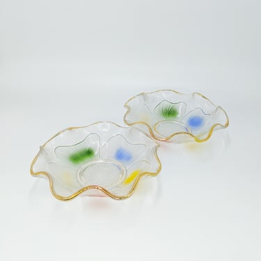 Gold Rimmed Rainbow Vintage Glass Dishes, Set of 2 