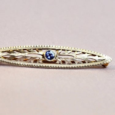 Antique Platinum & 14K Yellow Gold Natural Sapphire Filigree Brooch Bar Pin 