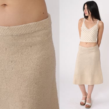 Knit Pencil Skirt 80s Metallic Beige Skirt Sparkly High Waisted Sweater Skirt Midi Light Cream 1980s Vintage Small Medium 