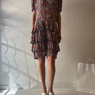 90s 'Michelle Stuart' Purple Floral Drop Waist Dress / Large 