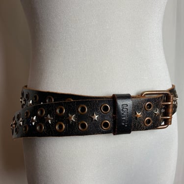 Black leather star studded belt men’s Grunge rock grommets double tooth unisex androgynous 90’s Y2k Levis open size up to 36” XL 