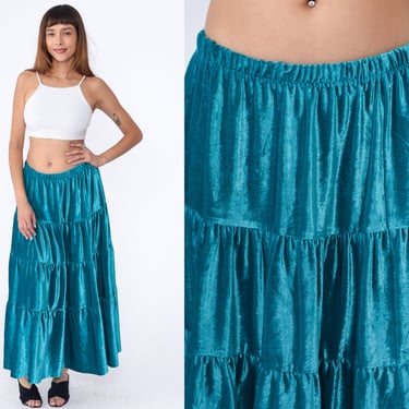 Teal Velvet Skirt 90s Peasant Skirt Boho Long Tiered Column Skirt Elastic Waist Hippie Bohemian Midi Party Retro Vintage 1990s Medium Large 