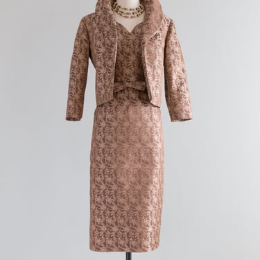 Exquisite 1950's Bronze Silk Brocade Cocktail Dress &amp; Jacket / Medium