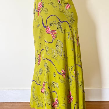 90’s Betsey Johnson Chartreuse Art Nouveau Ladies Bow Print Bias Cut Maxi Skirt