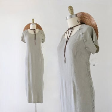 micro stripe maxi dress - m - vintage 90s y2k womens beige size medium button side minimal short sleeve spring summer dress 