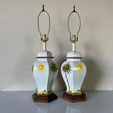 Palm Beach Hollywood Regency Ginger Jar Form Ceramic Table Lamps - a Pair 