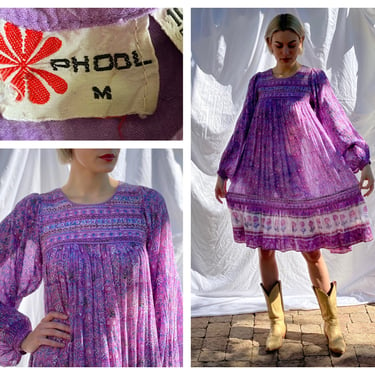 1970's Indian Cotton Dress / RARE Phool Babydoll Indian Dress / Block Printed Pinkish Purple Midi Dress with Huge Puffed Sleeves 
