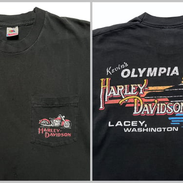 Vintage 1980s HARLEY DAVIDSON Pocket T-Shirt ~ Soft / Thin / Faded / Worn-In ~ Motorcycle / Biker Tee ~ 80s ~ Olympia Washington ~ 