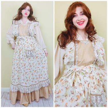 1970s Vintage Cotton Homemade Mushroom Print Pinafore Dress / 70s Ruffled Brown and Cream Lace Maxi Prairie Gown / One Size 